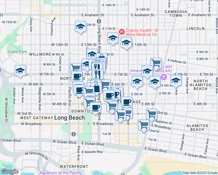 map of restaurants, bars, coffee shops, grocery stores, and more near 575 Elm Avenue in Long Beach