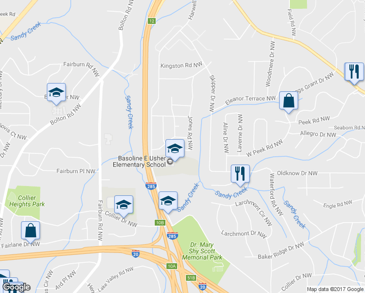 map of restaurants, bars, coffee shops, grocery stores, and more near 2128 Jones Road Northwest in Atlanta