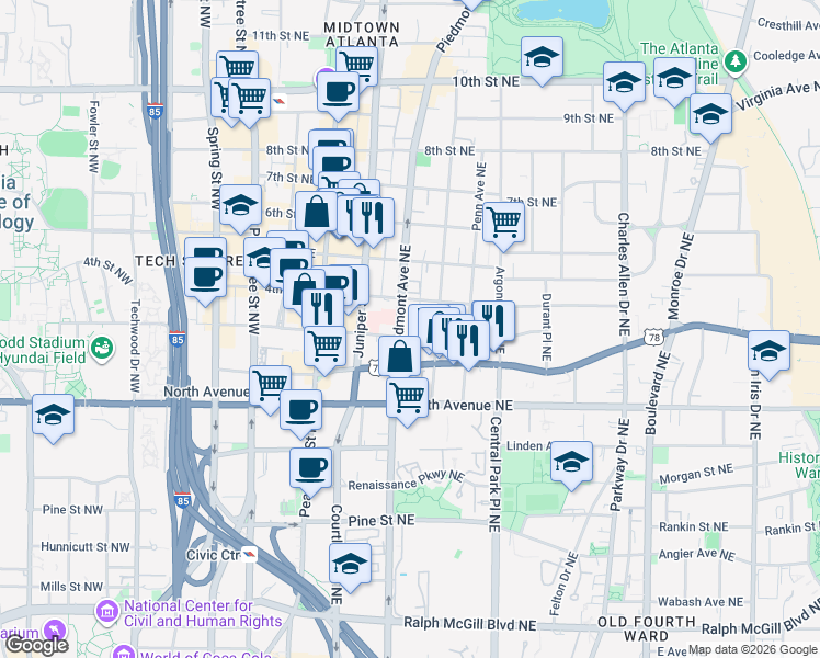 map of restaurants, bars, coffee shops, grocery stores, and more near 711 Piedmont Avenue Northeast in Atlanta