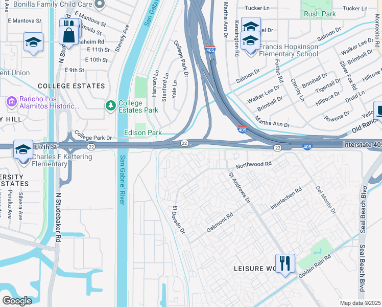 map of restaurants, bars, coffee shops, grocery stores, and more near 13040 Oak Hills Drive in Seal Beach