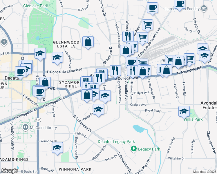 map of restaurants, bars, coffee shops, grocery stores, and more near 2657 East College Avenue in Decatur