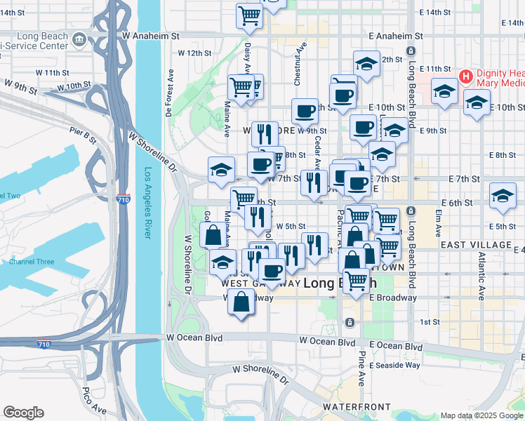 map of restaurants, bars, coffee shops, grocery stores, and more near 535 Magnolia Avenue in Long Beach