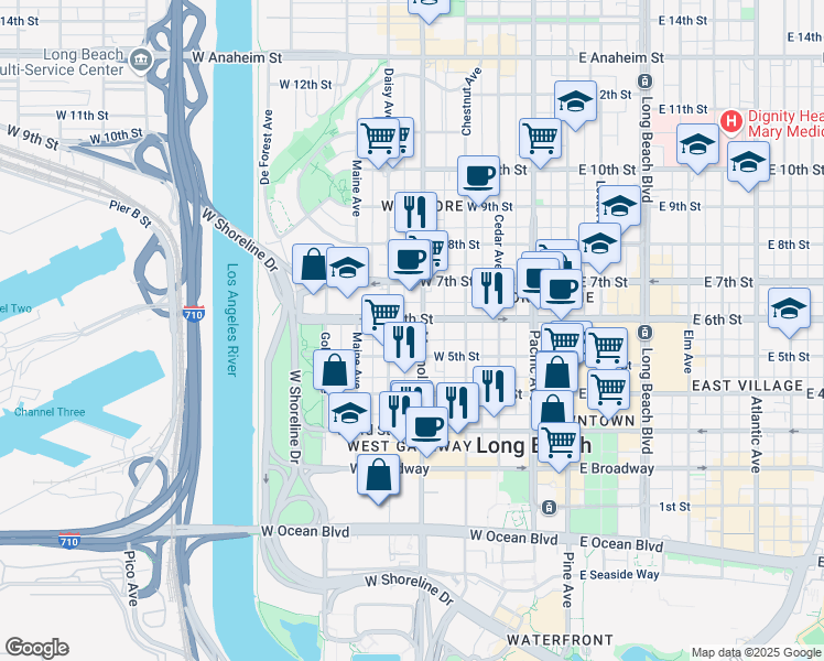 map of restaurants, bars, coffee shops, grocery stores, and more near 535 Magnolia Avenue in Long Beach