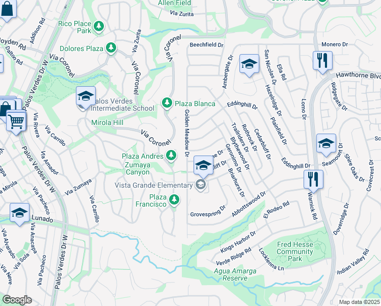 map of restaurants, bars, coffee shops, grocery stores, and more near 7035 Willowtree Drive in Rancho Palos Verdes