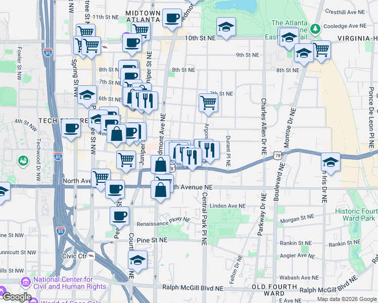 map of restaurants, bars, coffee shops, grocery stores, and more near 710 Penn Avenue Northeast in Atlanta