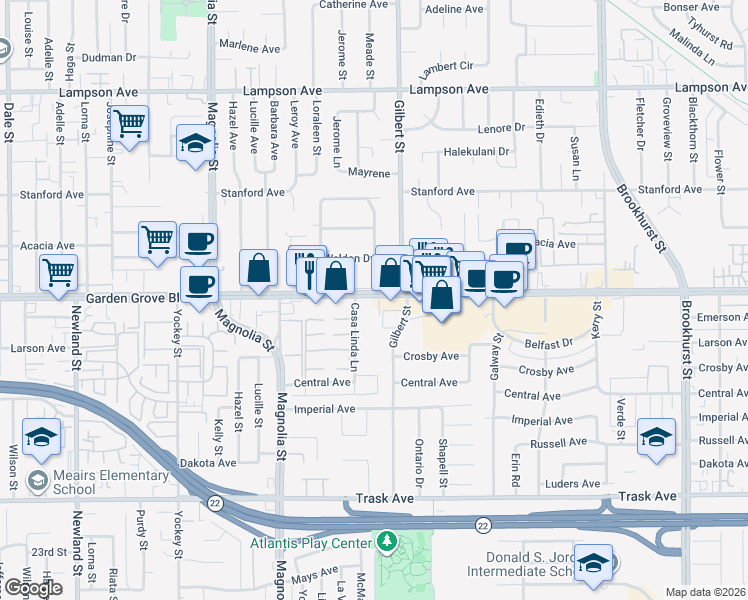 map of restaurants, bars, coffee shops, grocery stores, and more near 9370 Garden Grove Boulevard in Garden Grove