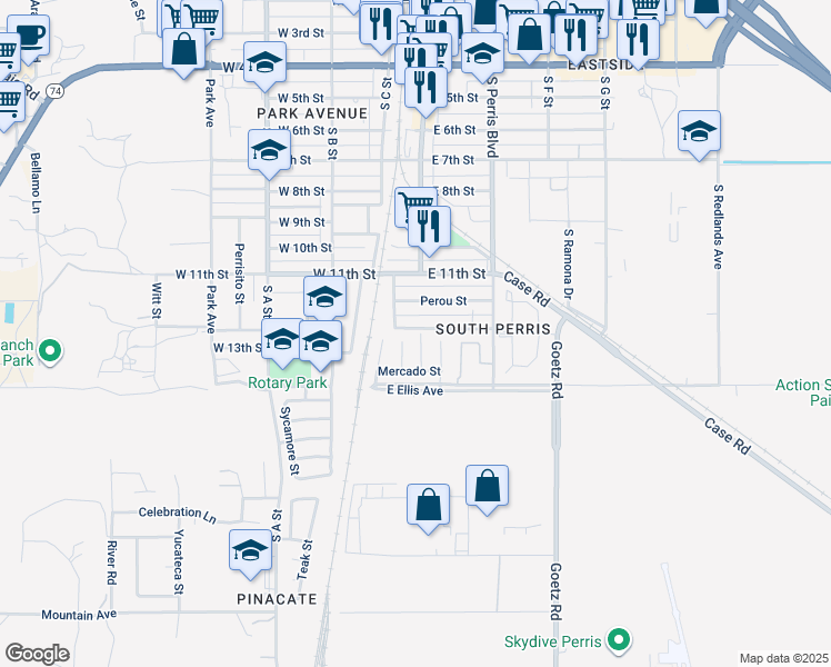 map of restaurants, bars, coffee shops, grocery stores, and more near 1326 Tienda Street in Perris