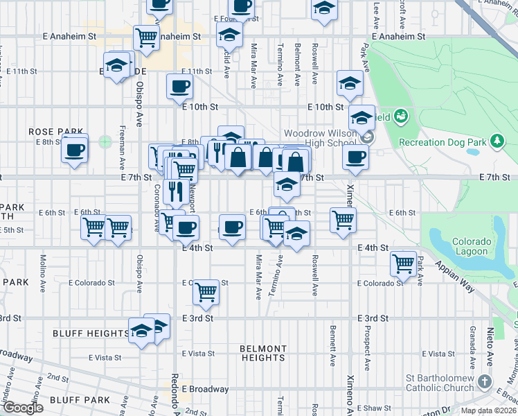 map of restaurants, bars, coffee shops, grocery stores, and more near 3817 East 6th Street in Long Beach