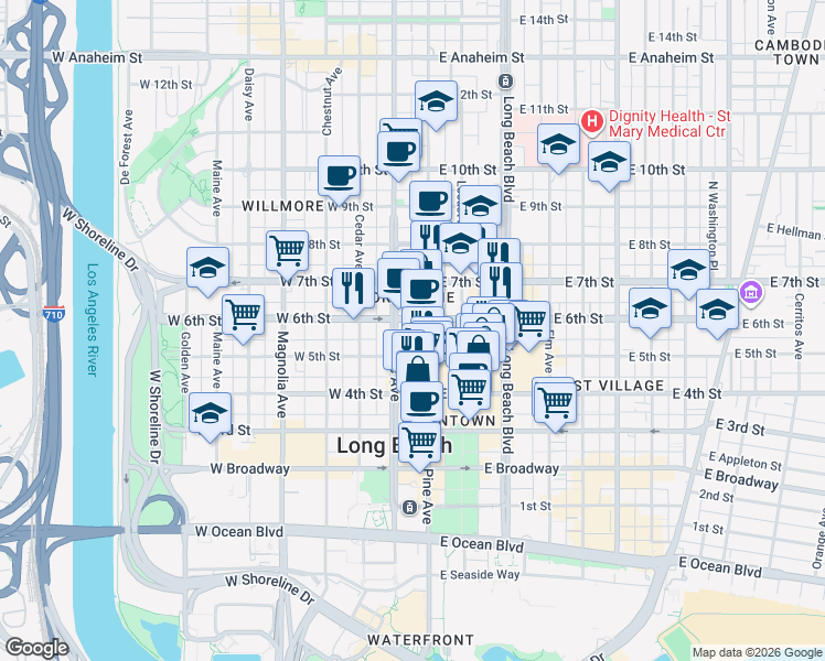 map of restaurants, bars, coffee shops, grocery stores, and more near 595 Pine Avenue in Long Beach