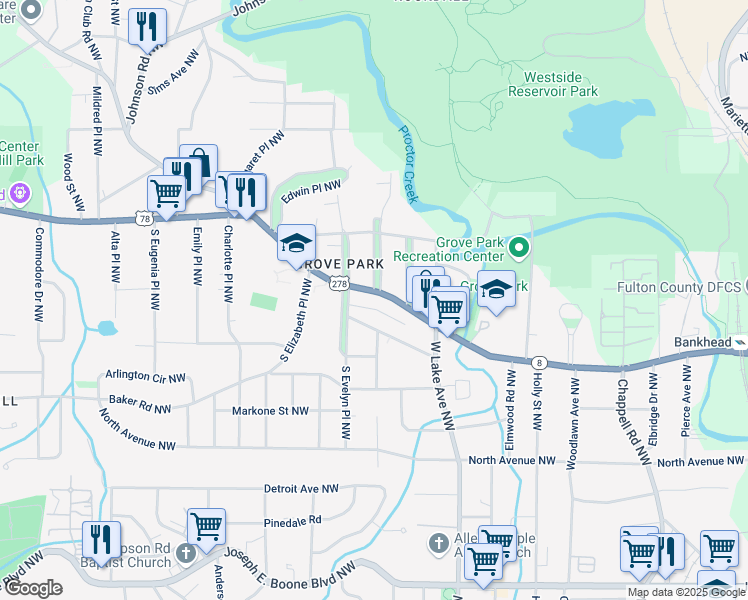 map of restaurants, bars, coffee shops, grocery stores, and more near 1720 U.S. 78 in Atlanta