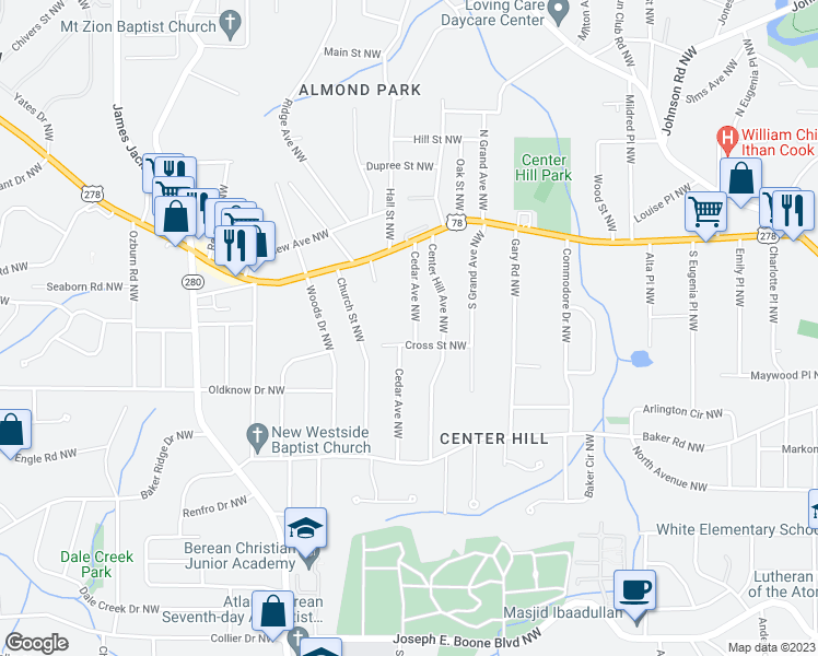 map of restaurants, bars, coffee shops, grocery stores, and more near 686 Cedar Avenue Northwest in Atlanta