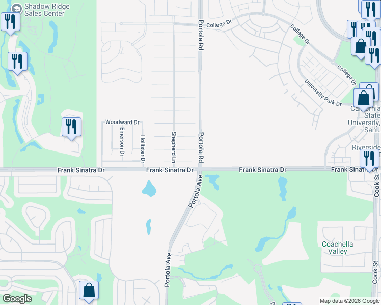 map of restaurants, bars, coffee shops, grocery stores, and more near 74133 University Pointe Court in Palm Desert