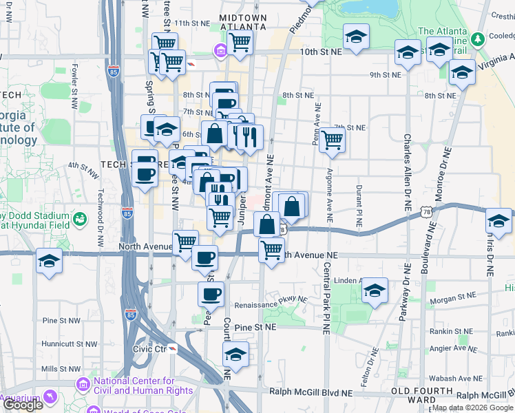 map of restaurants, bars, coffee shops, grocery stores, and more near 700 Piedmont Avenue Northeast in Atlanta