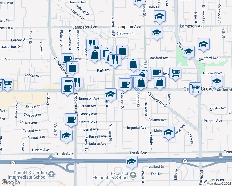 map of restaurants, bars, coffee shops, grocery stores, and more near 10502 Garden Grove Boulevard in Garden Grove