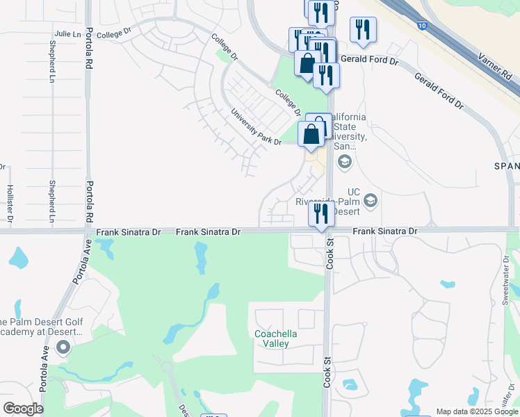 map of restaurants, bars, coffee shops, grocery stores, and more near 37660 College Drive in Palm Desert
