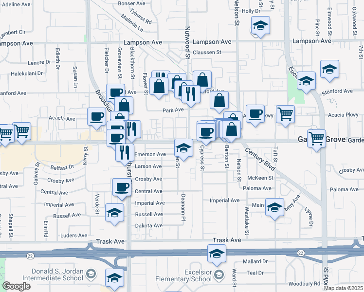 map of restaurants, bars, coffee shops, grocery stores, and more near 10215 Andy Reese Court in Garden Grove