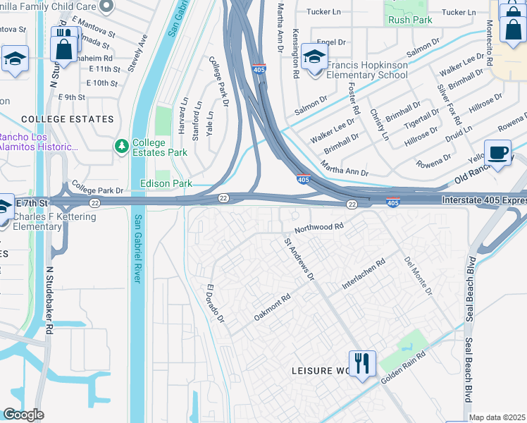 map of restaurants, bars, coffee shops, grocery stores, and more near 1040 Foxburg Road in Seal Beach