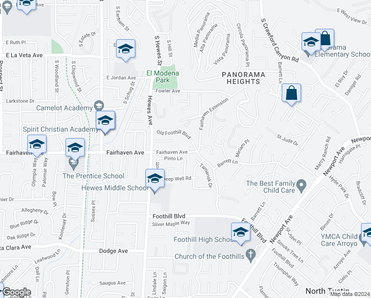 map of restaurants, bars, coffee shops, grocery stores, and more near 18911 Fairhaven Avenue in Santa Ana