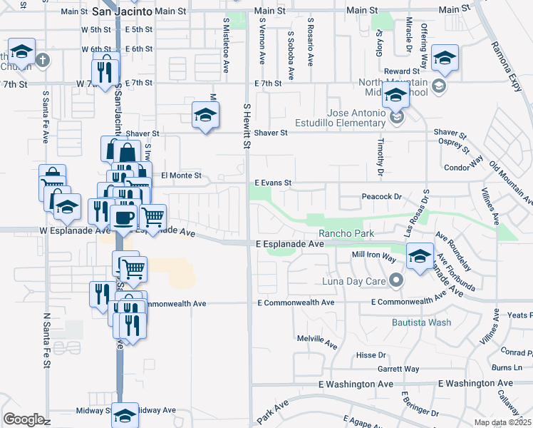 map of restaurants, bars, coffee shops, grocery stores, and more near 689 Carnation Lane in San Jacinto