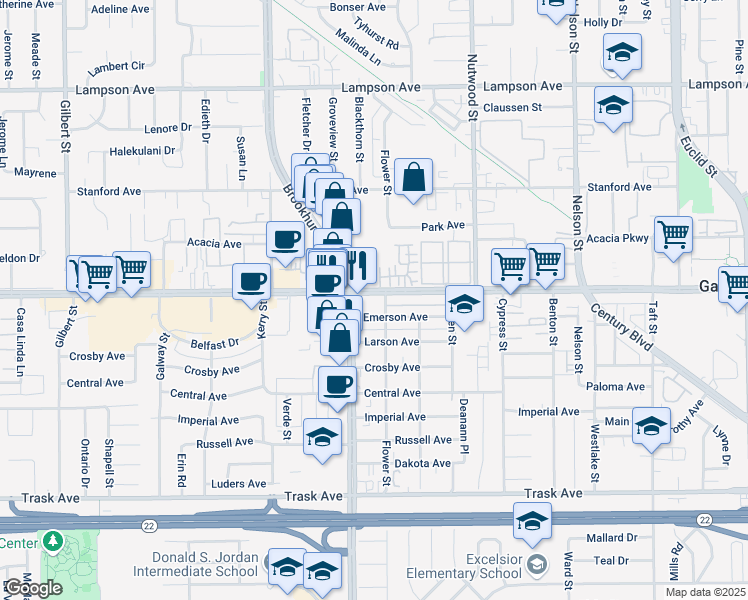 map of restaurants, bars, coffee shops, grocery stores, and more near 10242 Garden Grove Boulevard in Garden Grove