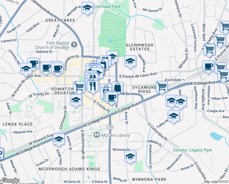 map of restaurants, bars, coffee shops, grocery stores, and more near 218 Barry Street in Decatur
