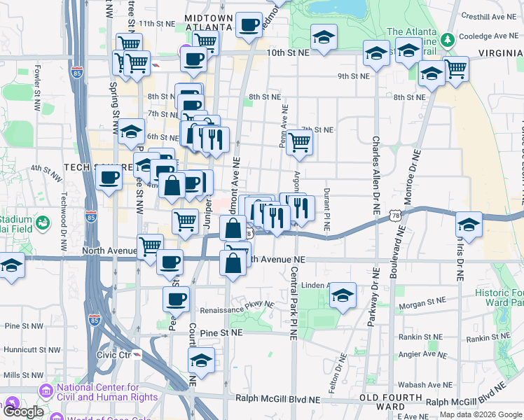 map of restaurants, bars, coffee shops, grocery stores, and more near 703 Myrtle Street Northeast in Atlanta