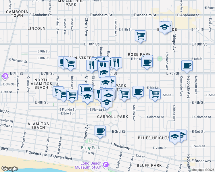 map of restaurants, bars, coffee shops, grocery stores, and more near 2244 East 6th Street in Long Beach