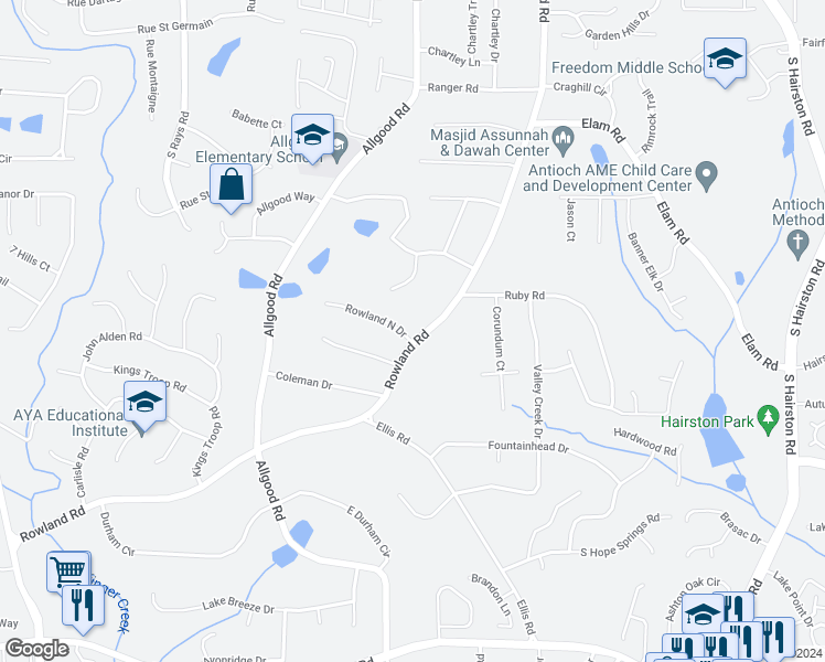 map of restaurants, bars, coffee shops, grocery stores, and more near 4538 Rowland North Drive in Stone Mountain