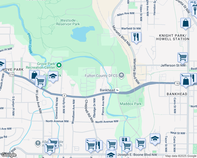 map of restaurants, bars, coffee shops, grocery stores, and more near 689 Elbridge Drive Northwest in Atlanta