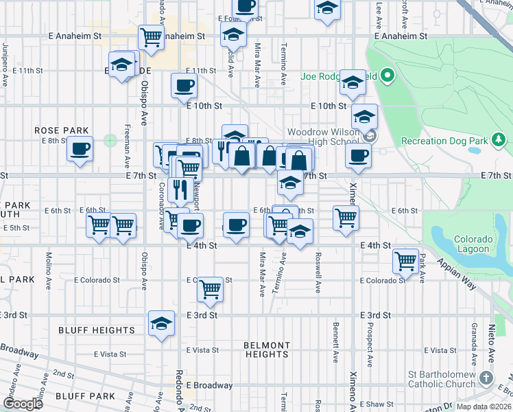 map of restaurants, bars, coffee shops, grocery stores, and more near 3817 E 6th St in Long Beach