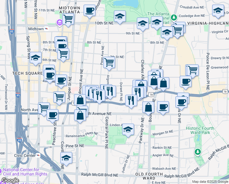 map of restaurants, bars, coffee shops, grocery stores, and more near 331 4th Street Northeast in Atlanta