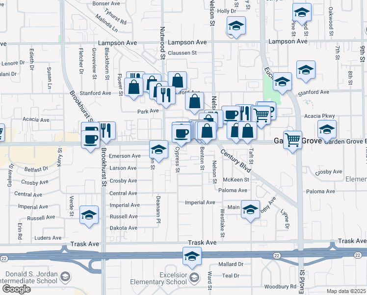map of restaurants, bars, coffee shops, grocery stores, and more near 10592 Garden Grove Boulevard in Garden Grove