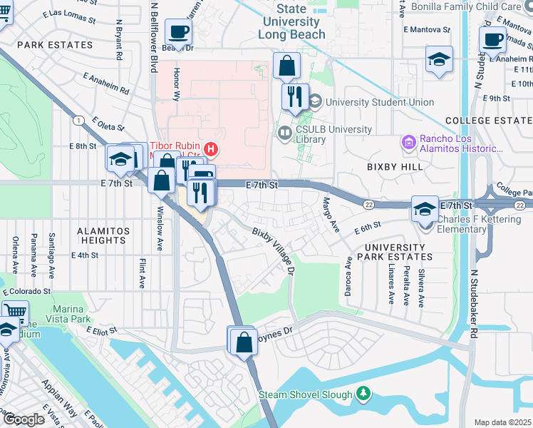 map of restaurants, bars, coffee shops, grocery stores, and more near 540 Pittsfield Court in Long Beach