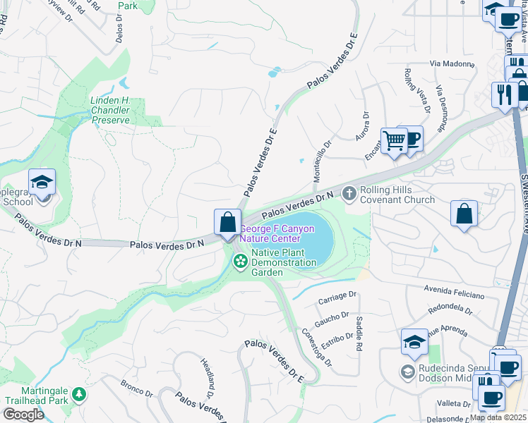 map of restaurants, bars, coffee shops, grocery stores, and more near 12 Casaba Road in Rolling Hills Estates