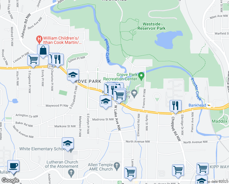 map of restaurants, bars, coffee shops, grocery stores, and more near 664 Florence Place Northwest in Atlanta