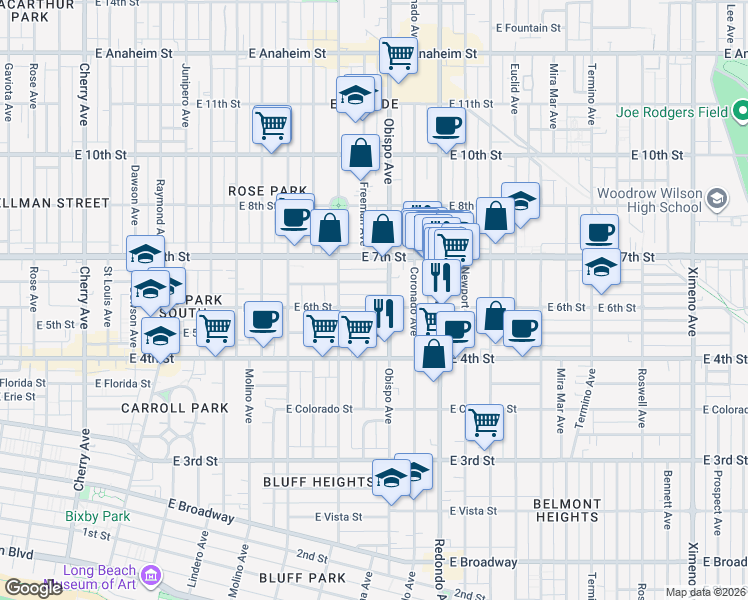 map of restaurants, bars, coffee shops, grocery stores, and more near 619 Obispo Avenue in Long Beach