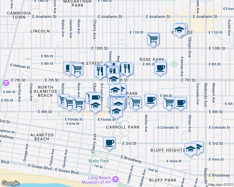 map of restaurants, bars, coffee shops, grocery stores, and more near 2244 East 6th Street in Long Beach