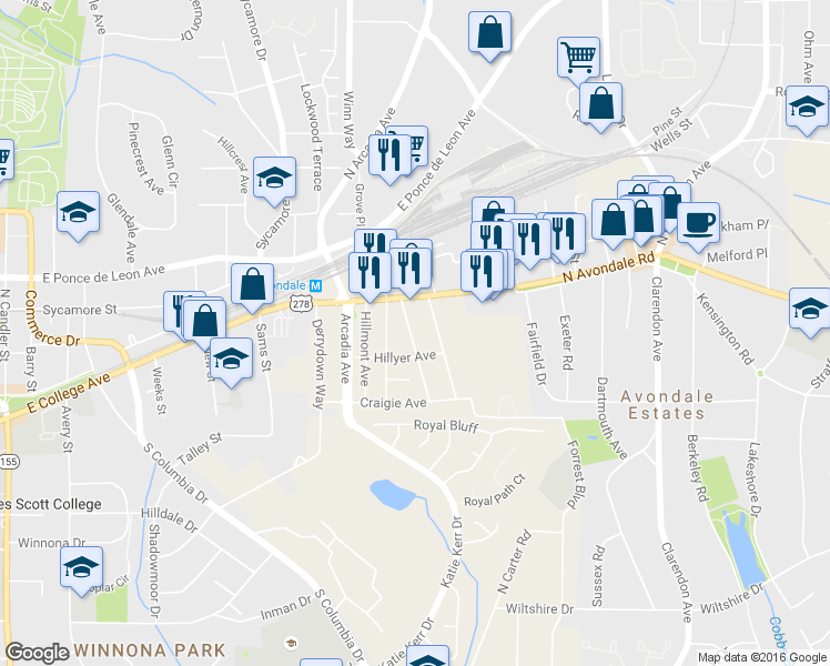 map of restaurants, bars, coffee shops, grocery stores, and more near 730 Brown Place in Decatur