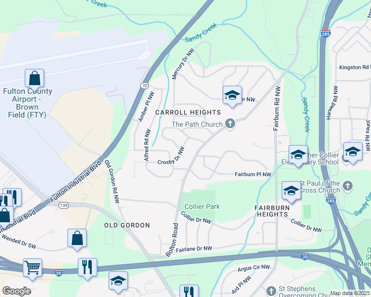 map of restaurants, bars, coffee shops, grocery stores, and more near 3648 Crosby Drive Northwest in Atlanta