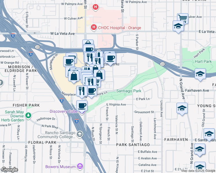 map of restaurants, bars, coffee shops, grocery stores, and more near 452 Jeanette Lane in Santa Ana