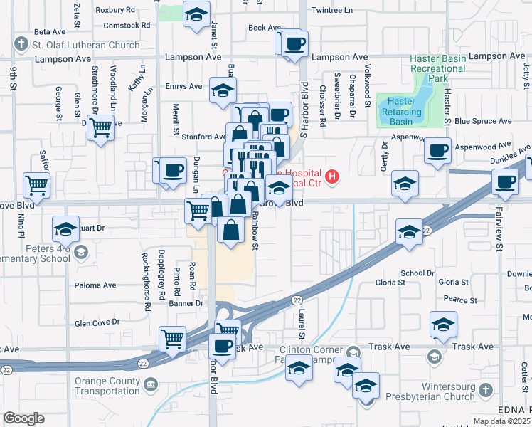 map of restaurants, bars, coffee shops, grocery stores, and more near 12382 Garden Grove Boulevard in Garden Grove