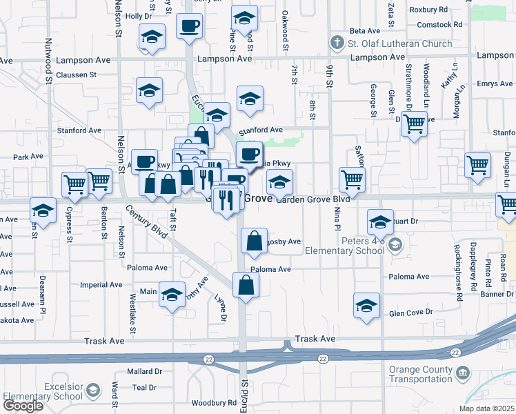 map of restaurants, bars, coffee shops, grocery stores, and more near in Garden Grove