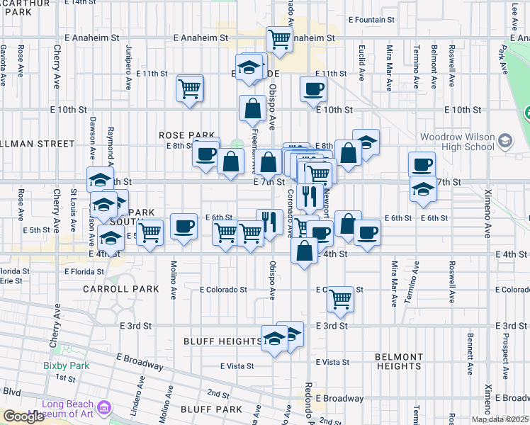 map of restaurants, bars, coffee shops, grocery stores, and more near 619 Obispo Avenue in Long Beach