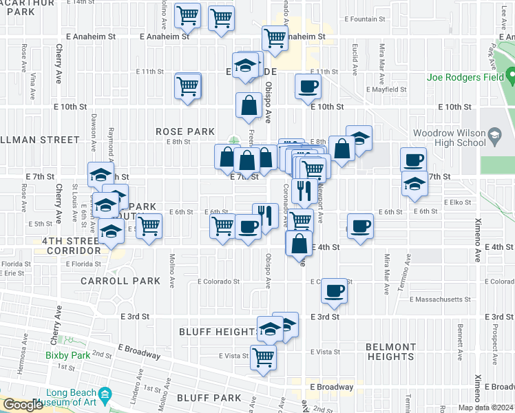 map of restaurants, bars, coffee shops, grocery stores, and more near 619 Obispo Avenue in Long Beach