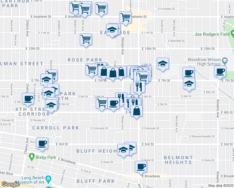 map of restaurants, bars, coffee shops, grocery stores, and more near 619 Obispo Avenue in Long Beach