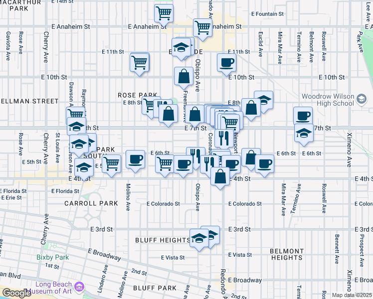 map of restaurants, bars, coffee shops, grocery stores, and more near 619 Obispo Avenue in Long Beach