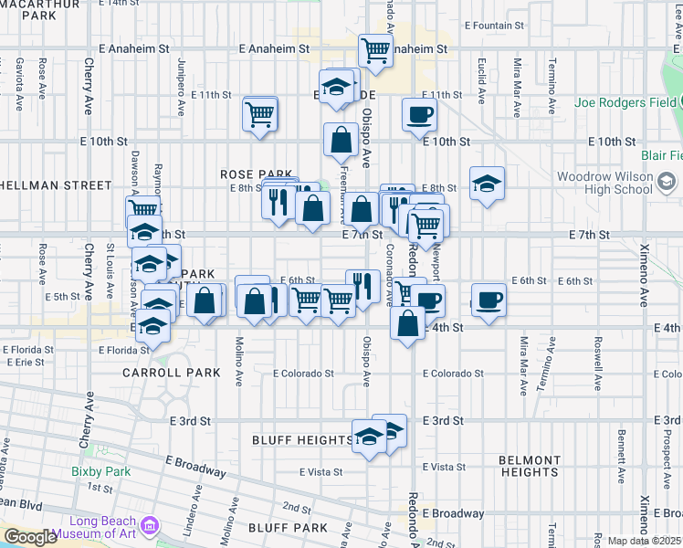 map of restaurants, bars, coffee shops, grocery stores, and more near 622 Orizaba Avenue in Long Beach