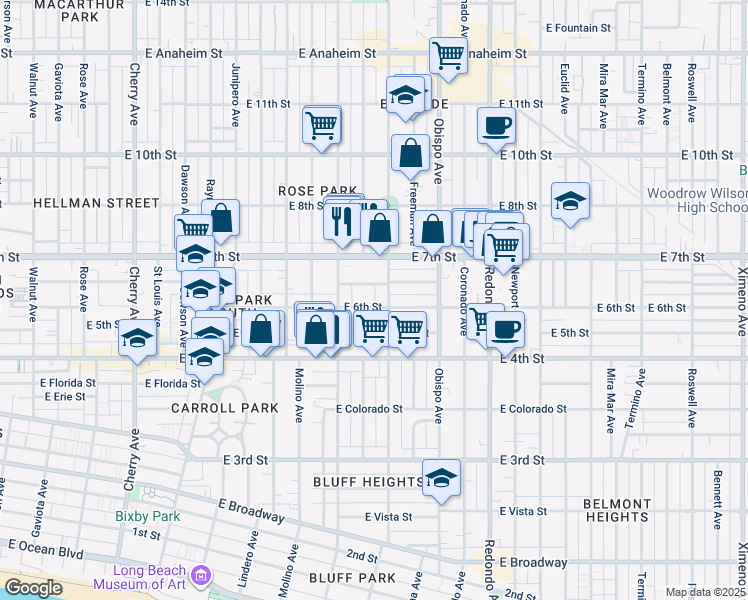 map of restaurants, bars, coffee shops, grocery stores, and more near 2840 East Theresa Street in Long Beach
