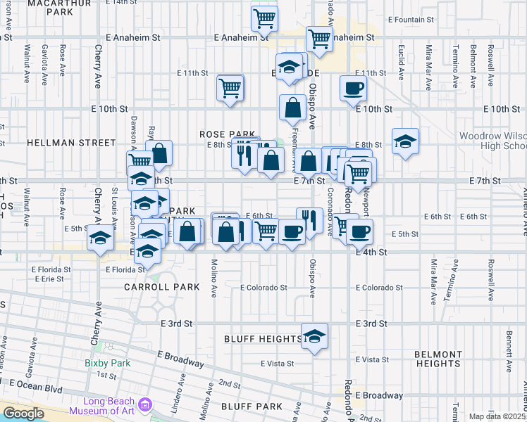 map of restaurants, bars, coffee shops, grocery stores, and more near 2840 East Theresa Street in Long Beach