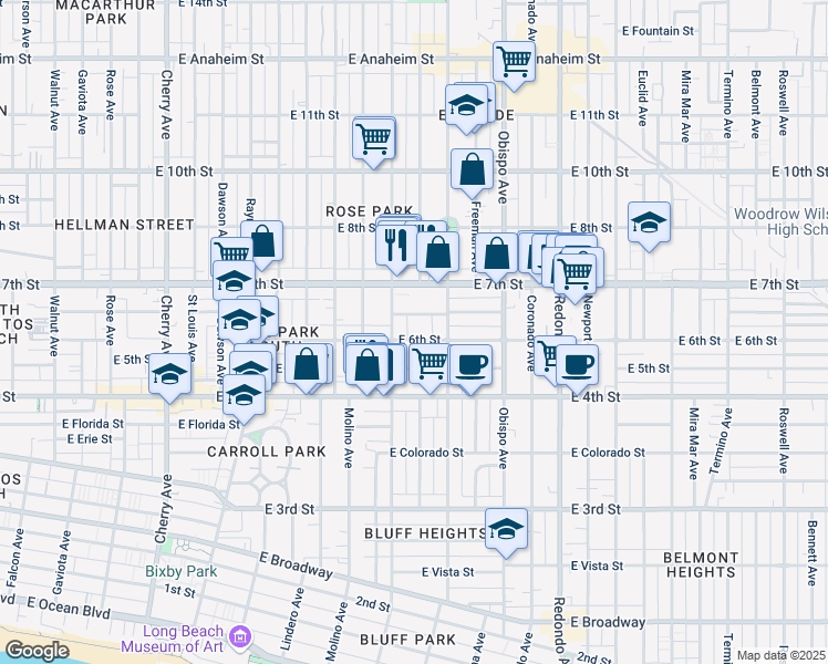map of restaurants, bars, coffee shops, grocery stores, and more near 2840 East Theresa Street in Long Beach